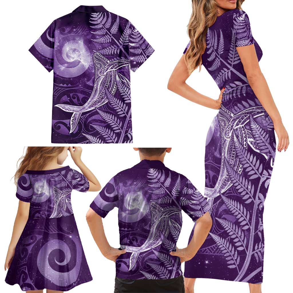 New Zealand Matariki Family Matching Short Sleeve Bodycon Dress and Hawaiian Shirt Maori Koru With Humpback Whale Purple LT05 - Polynesian Pride