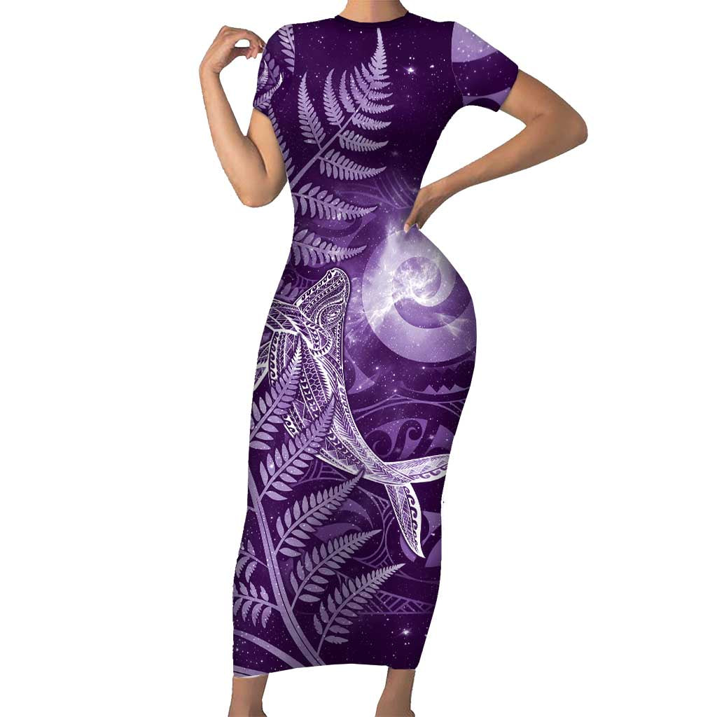 New Zealand Matariki Family Matching Short Sleeve Bodycon Dress and Hawaiian Shirt Maori Koru With Humpback Whale Purple LT05 Mom's Dress Purple - Polynesian Pride