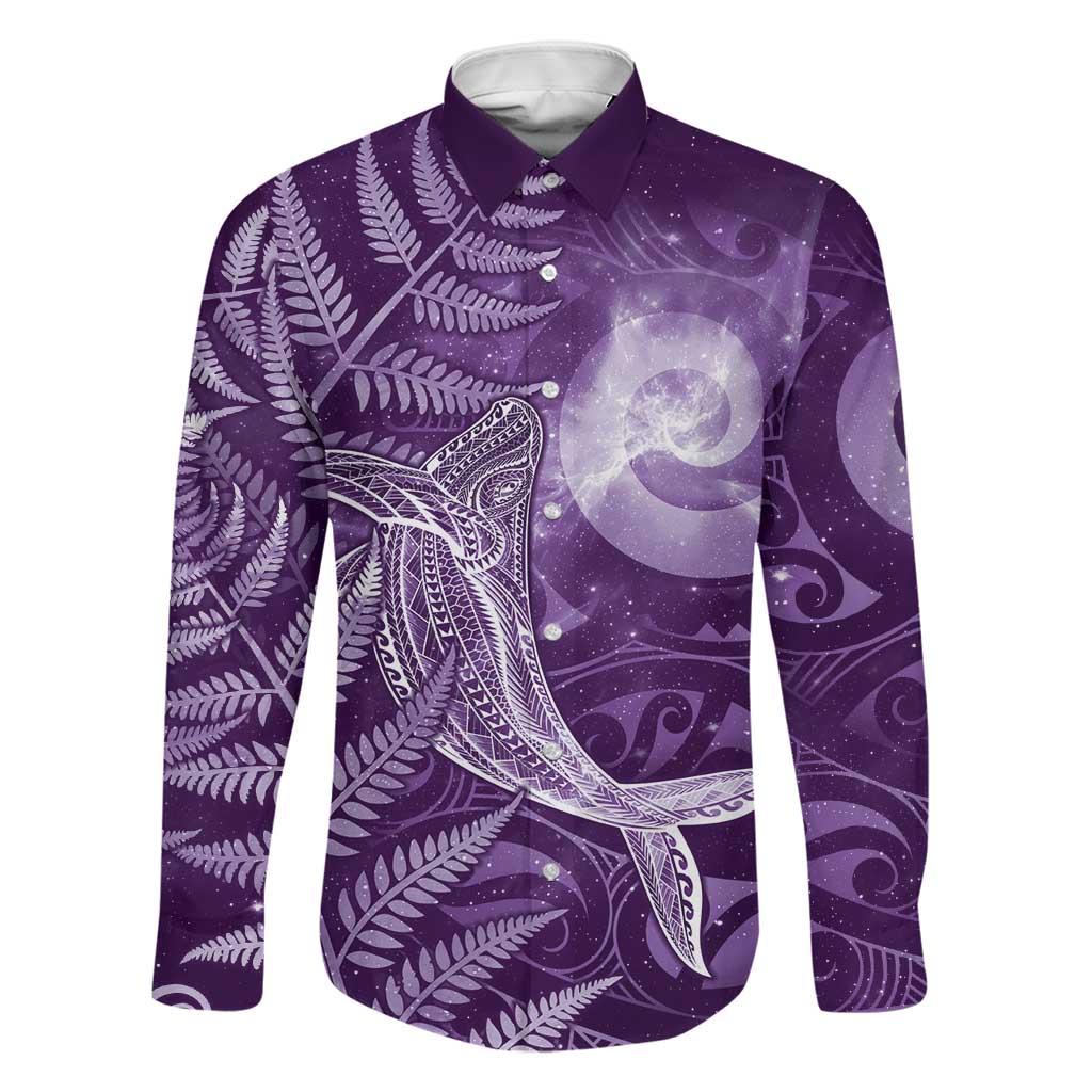 New Zealand Matariki Family Matching Tank Maxi Dress and Hawaiian Shirt Maori Koru With Humpback Whale Purple LT05 Dad's Shirt - Long Sleeve Purple - Polynesian Pride