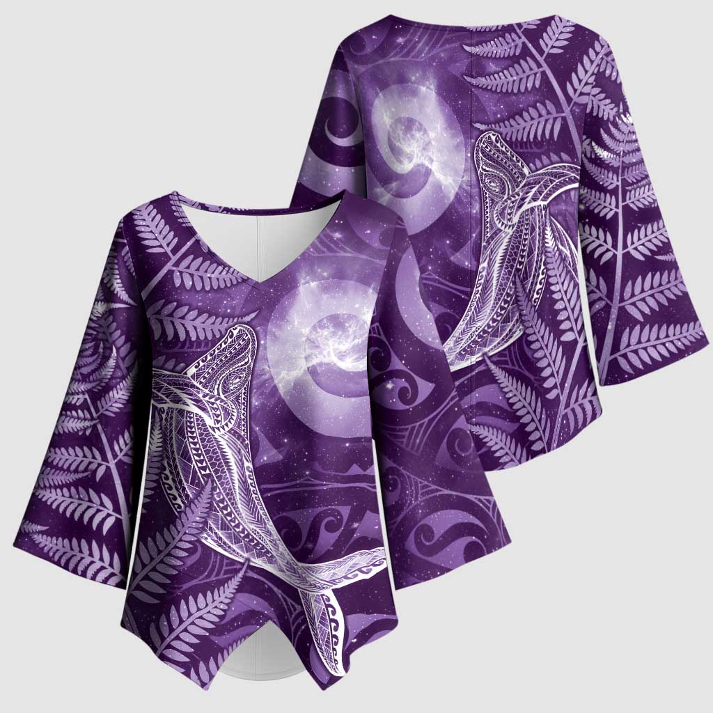 New Zealand Matariki Kimono Sleeve Blouse Maori Koru With Humpback Whale Purple LT05 - Polynesian Pride