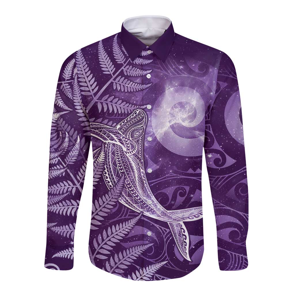 New Zealand Matariki Long Sleeve Button Shirt Maori Koru With Humpback Whale Purple LT05 Unisex Purple - Polynesian Pride