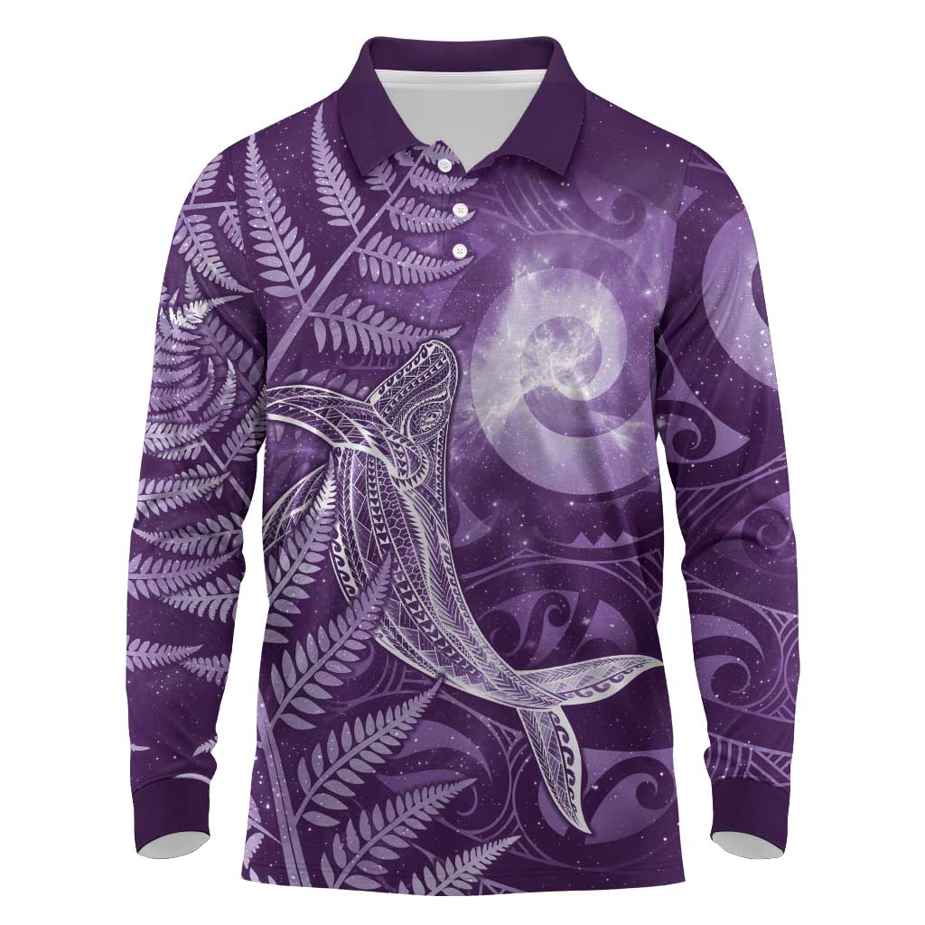 New Zealand Matariki Long Sleeve Polo Shirt Maori Koru With Humpback Whale Purple