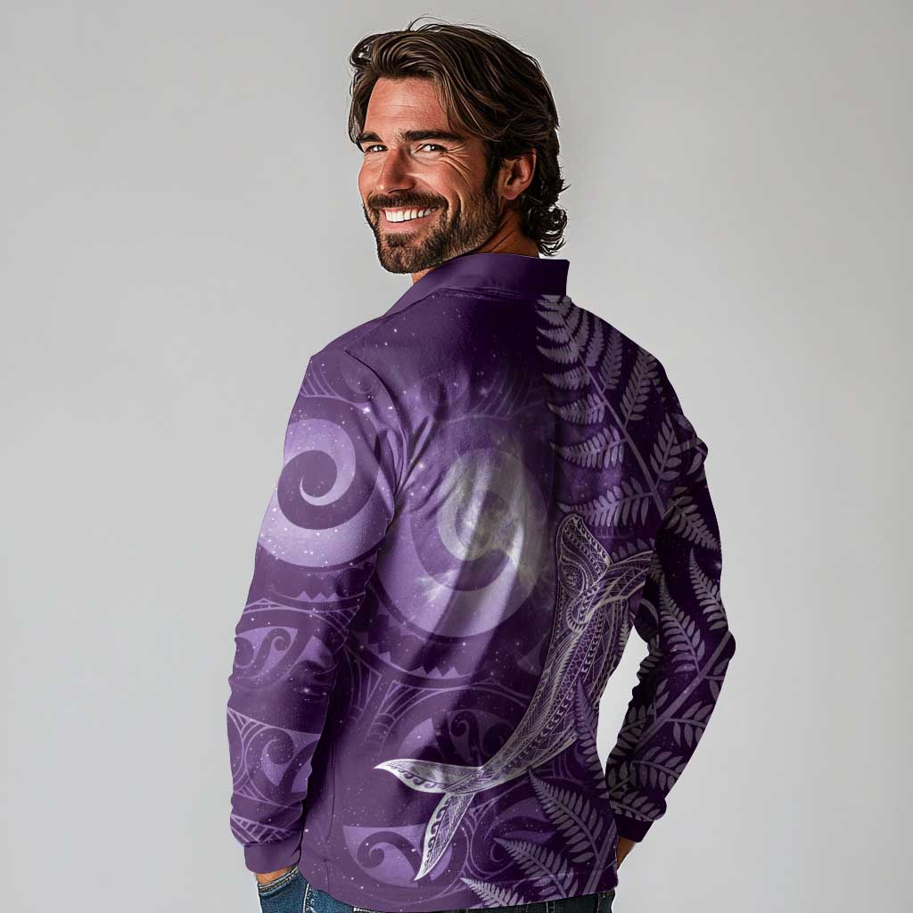 New Zealand Matariki Long Sleeve Polo Shirt Maori Koru With Humpback Whale Purple