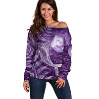 New Zealand Matariki Off Shoulder Sweater Maori Koru With Humpback Whale Purple
