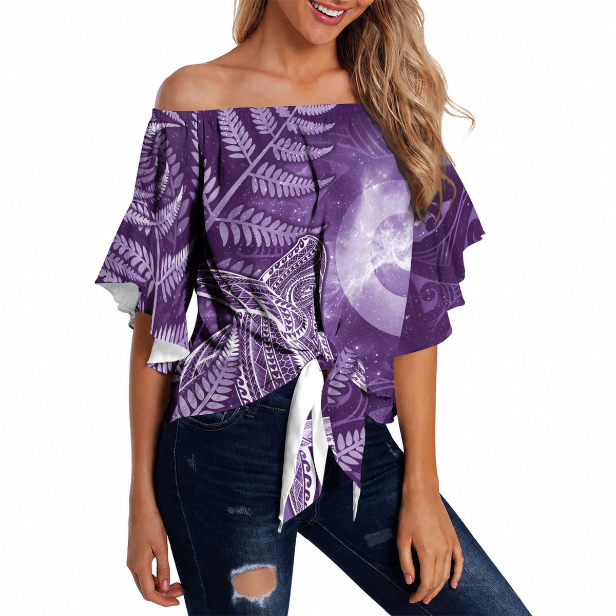 New Zealand Matariki Off Shoulder Wrap Waist Top Maori Koru With Humpback Whale Purple LT05 - Polynesian Pride
