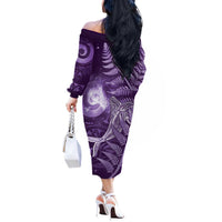 New Zealand Matariki Off The Shoulder Long Sleeve Dress Maori Koru With Humpback Whale Purple LT05 - Polynesian Pride