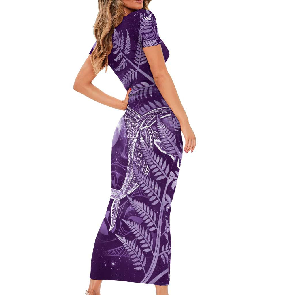 New Zealand Matariki Short Sleeve Bodycon Dress Maori Koru With Humpback Whale Purple LT05 - Polynesian Pride