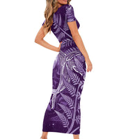 New Zealand Matariki Short Sleeve Bodycon Dress Maori Koru With Humpback Whale Purple LT05 - Polynesian Pride