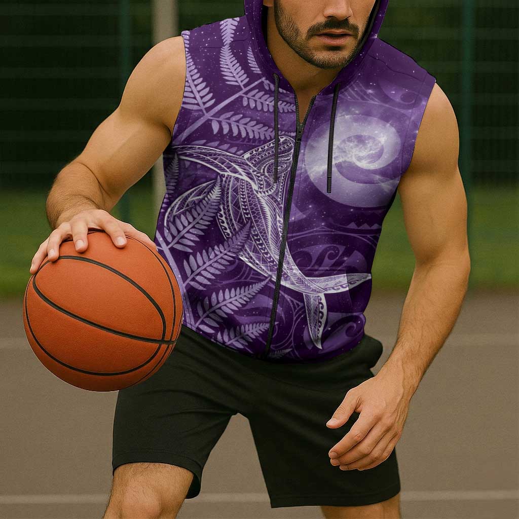 New Zealand Matariki Sleeveless Zip Hoodie Maori Koru With Humpback Whale Purple LT05 - Polynesian Pride