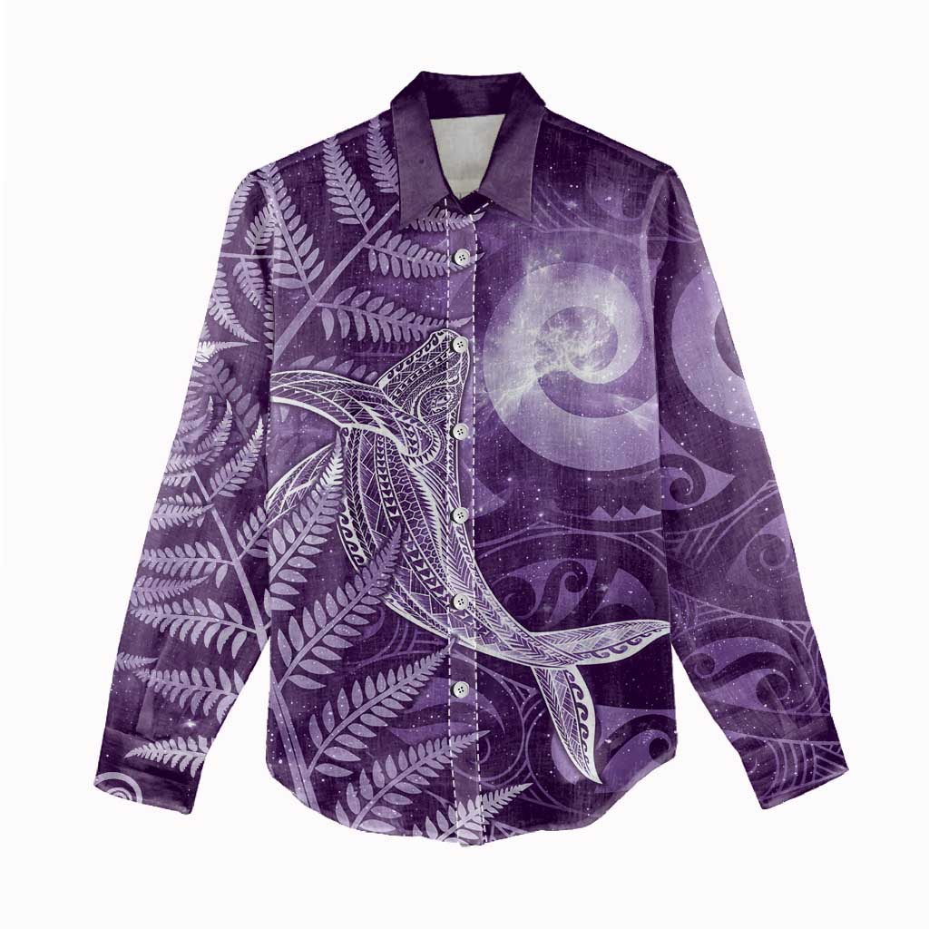 New Zealand Matariki Women Casual Shirt Maori Koru With Humpback Whale Purple