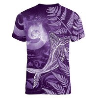 New Zealand Matariki Women V-Neck T-Shirt Maori Koru With Humpback Whale Purple