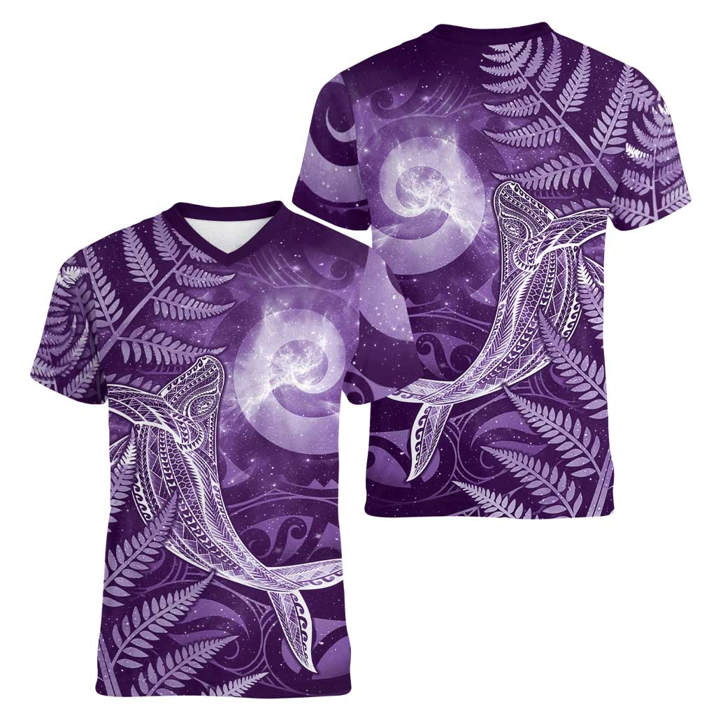 New Zealand Matariki Women V-Neck T-Shirt Maori Koru With Humpback Whale Purple