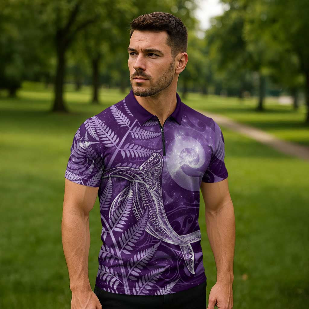 New Zealand Matariki Zipper Polo Shirt Maori Koru With Humpback Whale Purple LT05 - Polynesian Pride