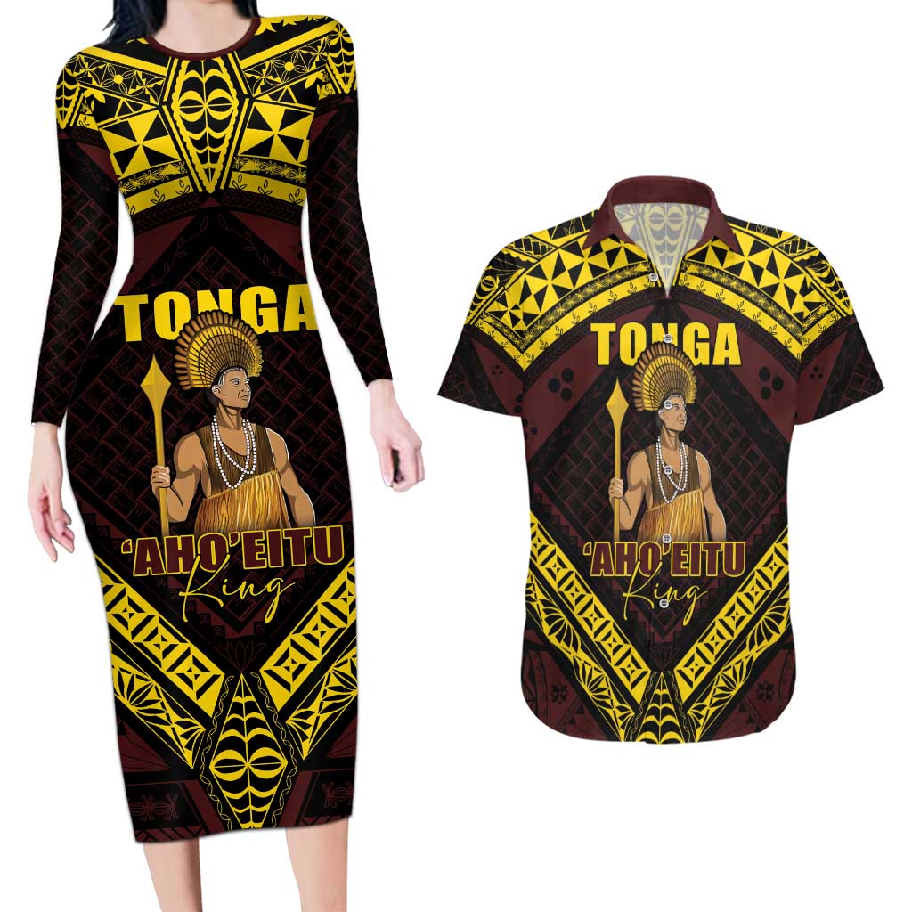 Tonga First King Couples Matching Long Sleeve Bodycon Dress and Hawaiian Shirt Ahoeitu Know Your Roots