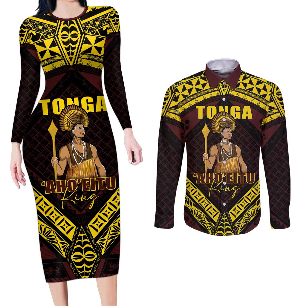 Tonga First King Couples Matching Long Sleeve Bodycon Dress and Long Sleeve Button Shirt Ahoeitu Know Your Roots