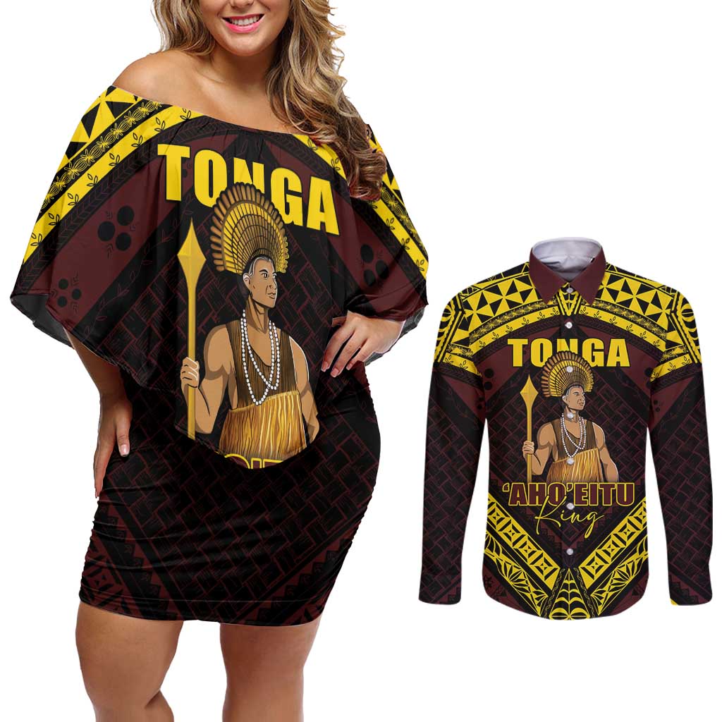 Tonga First King Couples Matching Off Shoulder Short Dress and Long Sleeve Button Shirt Ahoeitu Know Your Roots