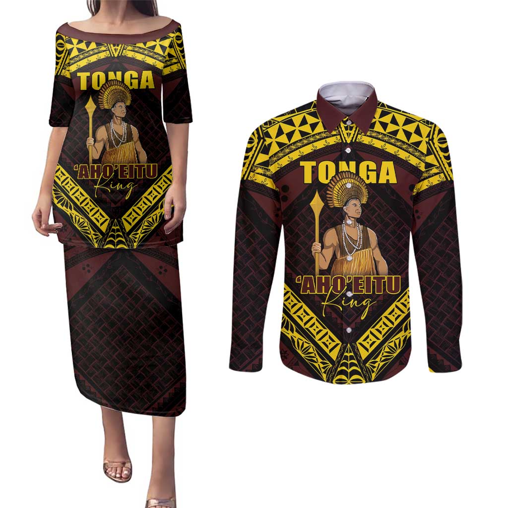 Tonga First King Couples Matching Puletasi and Long Sleeve Button Shirt Ahoeitu Know Your Roots