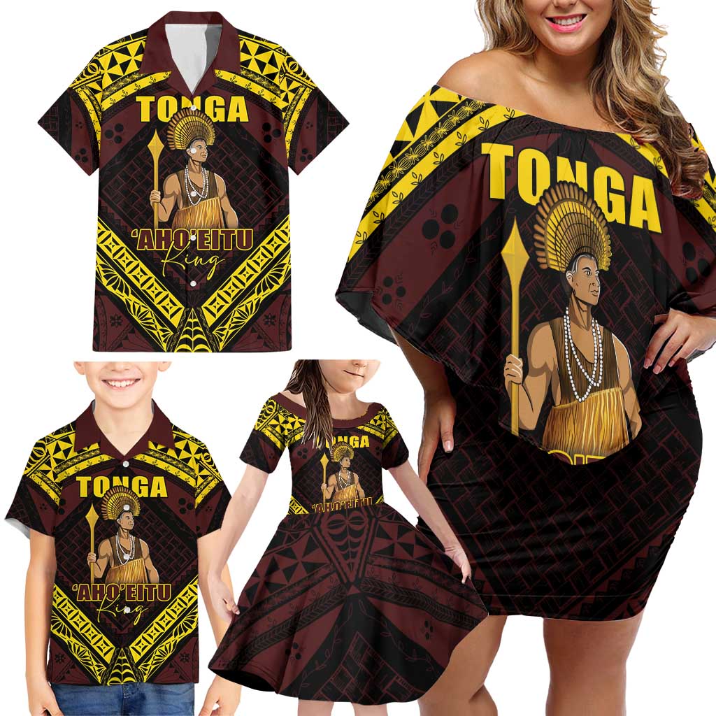 Tonga First King Family Matching Off Shoulder Short Dress and Hawaiian Shirt Ahoeitu Know Your Roots