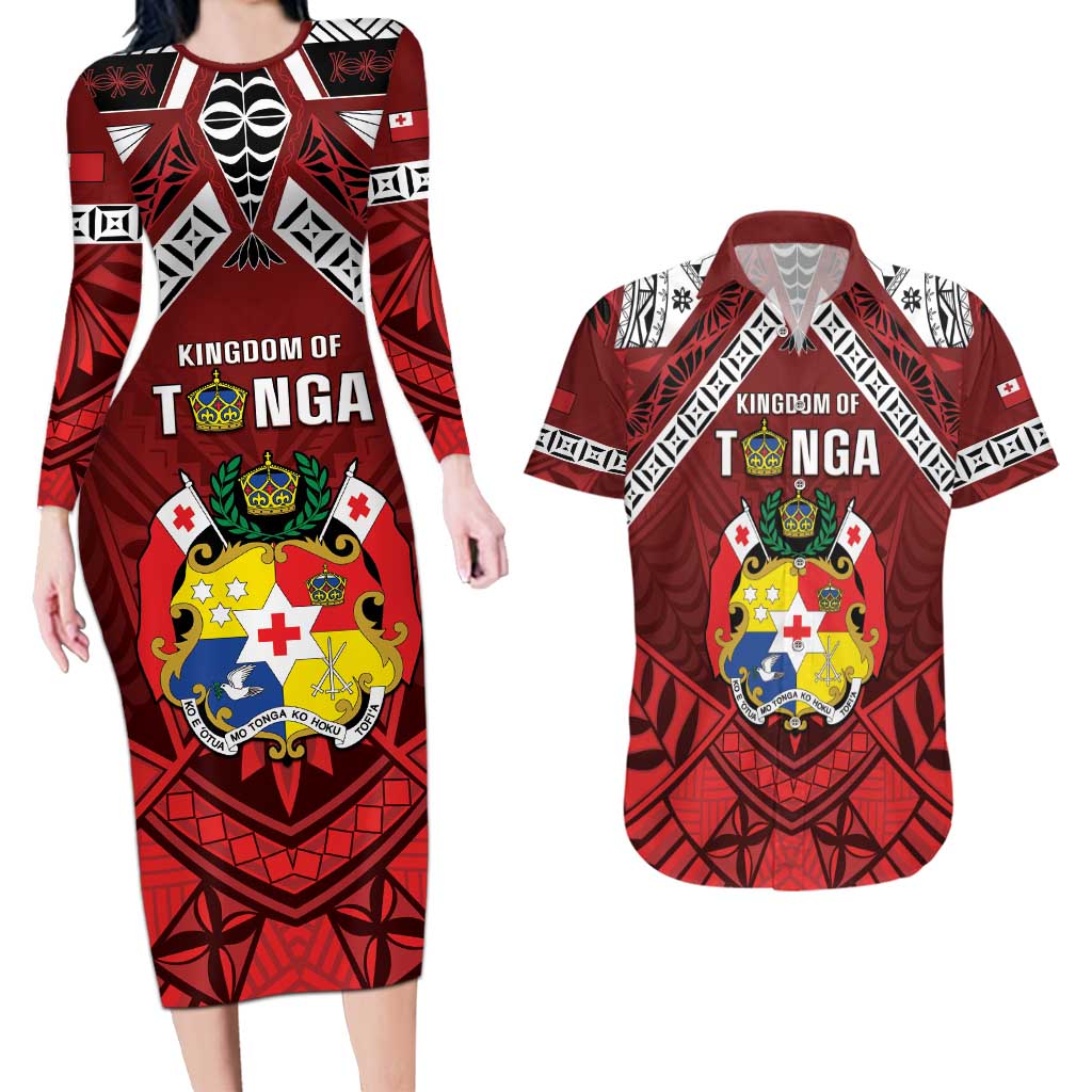 Tonga Emancipation Day Couples Matching Long Sleeve Bodycon Dress and Hawaiian Shirt Tongan Kupesi Pattern