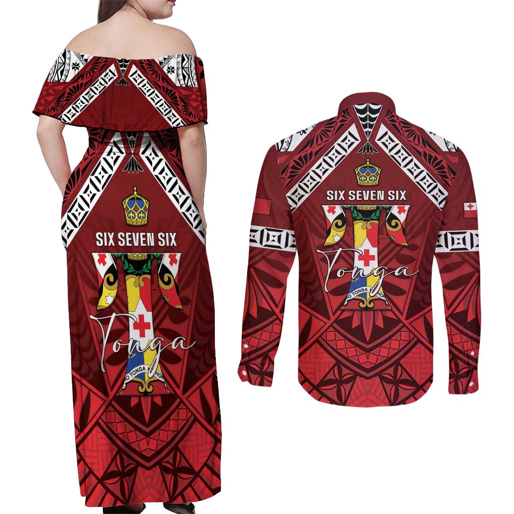 Tonga Emancipation Day Couples Matching Off Shoulder Maxi Dress and Long Sleeve Button Shirt Tongan Kupesi Pattern
