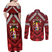 Tonga Emancipation Day Couples Matching Off Shoulder Maxi Dress and Long Sleeve Button Shirt Tongan Kupesi Pattern