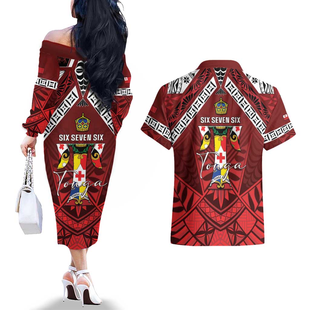 Tonga Emancipation Day Couples Matching Off The Shoulder Long Sleeve Dress and Hawaiian Shirt Tongan Kupesi Pattern