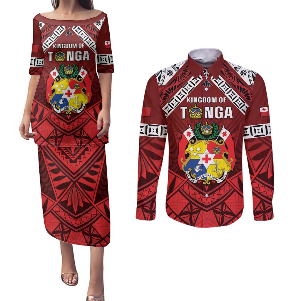 Tonga Emancipation Day Couples Matching Puletasi and Long Sleeve Button Shirt Tongan Kupesi Pattern