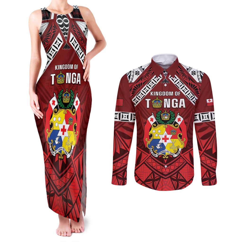 Tonga Emancipation Day Couples Matching Tank Maxi Dress and Long Sleeve Button Shirt Tongan Kupesi Pattern