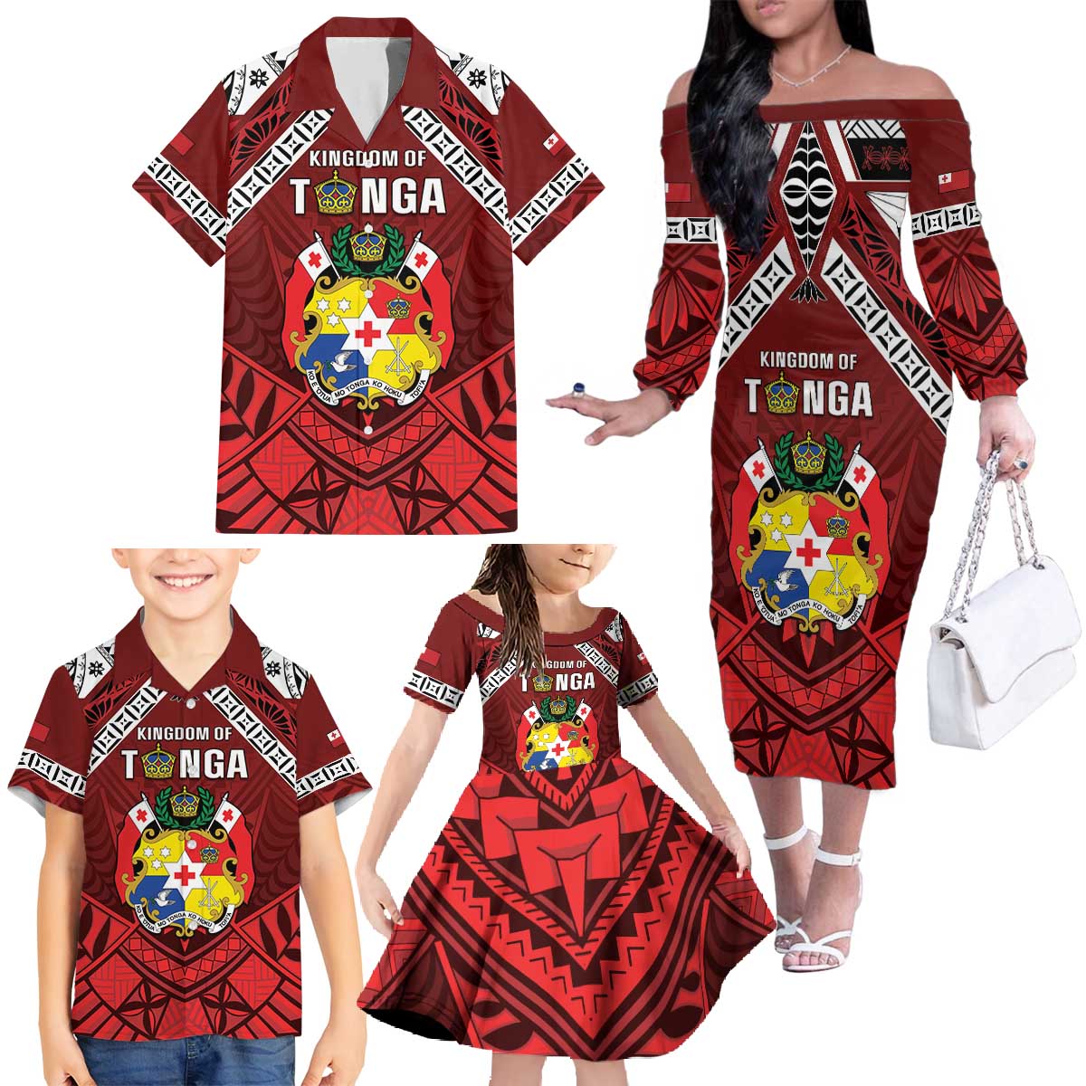 Tonga Emancipation Day Family Matching Off The Shoulder Long Sleeve Dress and Hawaiian Shirt Tongan Kupesi Pattern