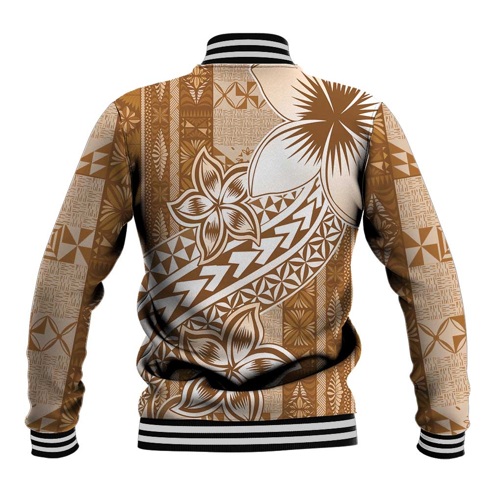 Tonga Kupesi Ngatu Baseball Jacket Vintage Brown Plumeria