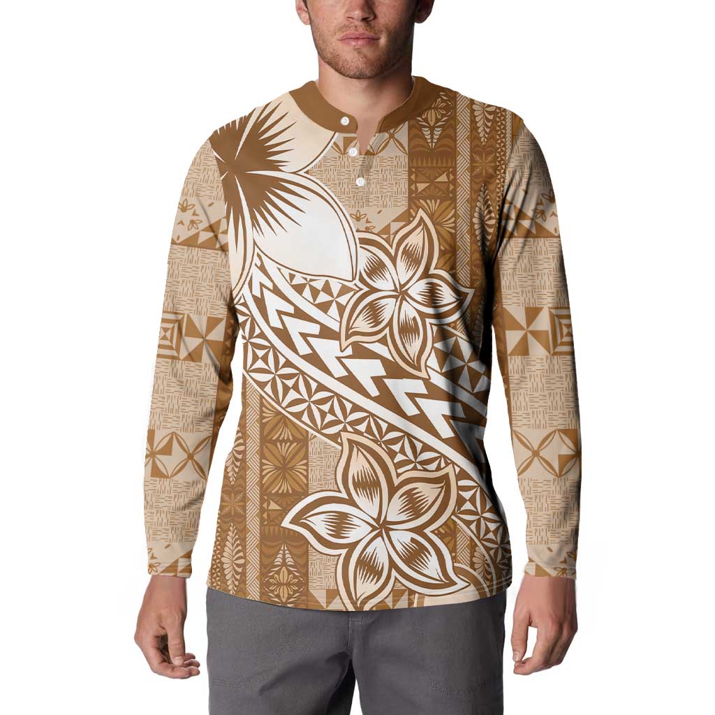 Tonga Kupesi Ngatu Button Sweatshirt Vintage Brown Plumeria