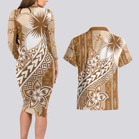 Tonga Kupesi Ngatu Couples Matching Long Sleeve Bodycon Dress and Hawaiian Shirt Vintage Brown Plumeria