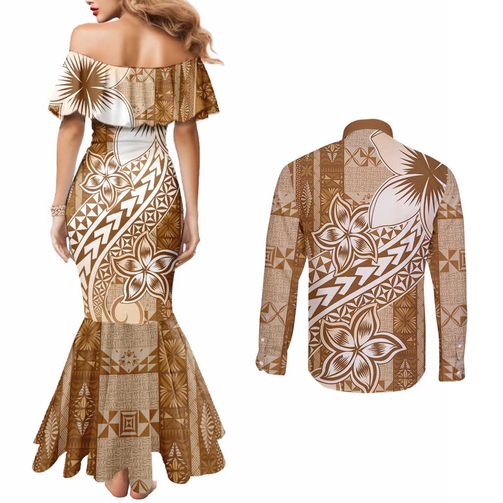 Tonga Kupesi Ngatu Couples Matching Mermaid Dress and Long Sleeve Button Shirt Vintage Brown Plumeria