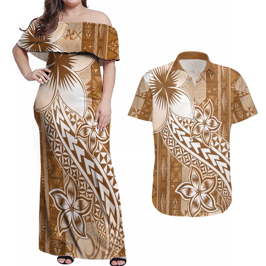 Tonga Kupesi Ngatu Couples Matching Off Shoulder Maxi Dress and Hawaiian Shirt Vintage Brown Plumeria