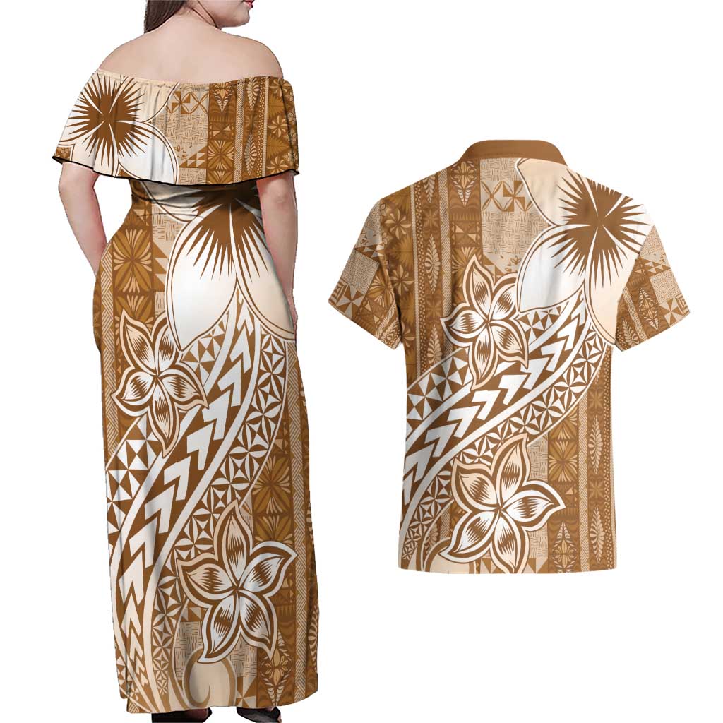 Tonga Kupesi Ngatu Couples Matching Off Shoulder Maxi Dress and Hawaiian Shirt Vintage Brown Plumeria