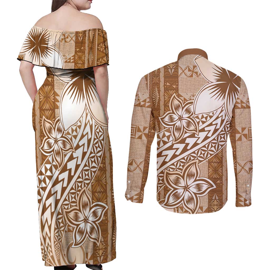 Tonga Kupesi Ngatu Couples Matching Off Shoulder Maxi Dress and Long Sleeve Button Shirt Vintage Brown Plumeria