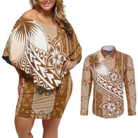 Tonga Kupesi Ngatu Couples Matching Off Shoulder Short Dress and Long Sleeve Button Shirt Vintage Brown Plumeria