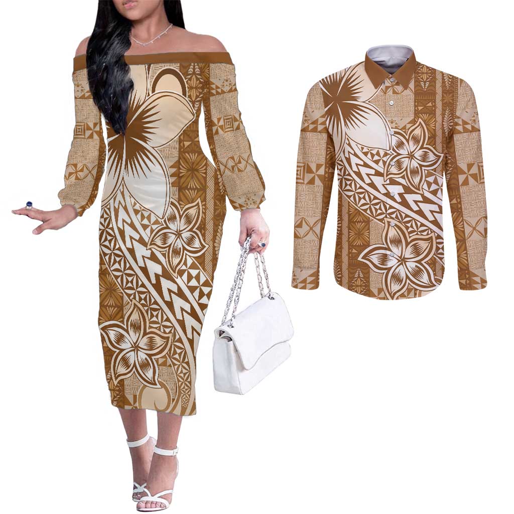 Tonga Kupesi Ngatu Couples Matching Off The Shoulder Long Sleeve Dress and Long Sleeve Button Shirt Vintage Brown Plumeria