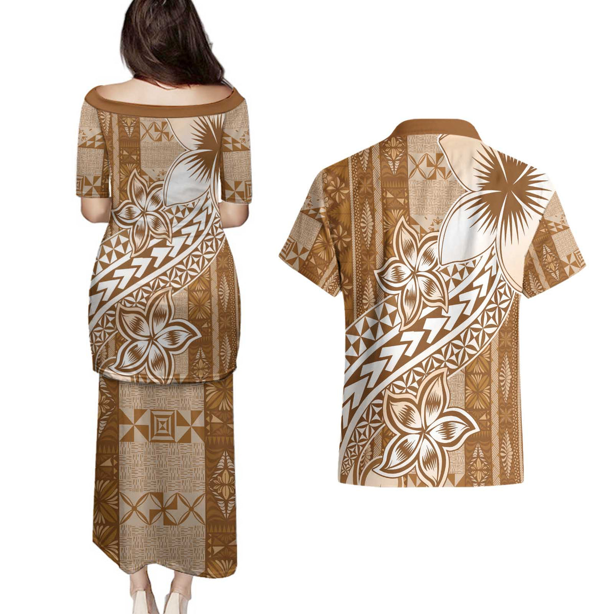 Tonga Kupesi Ngatu Couples Matching Puletasi and Hawaiian Shirt Vintage Brown Plumeria