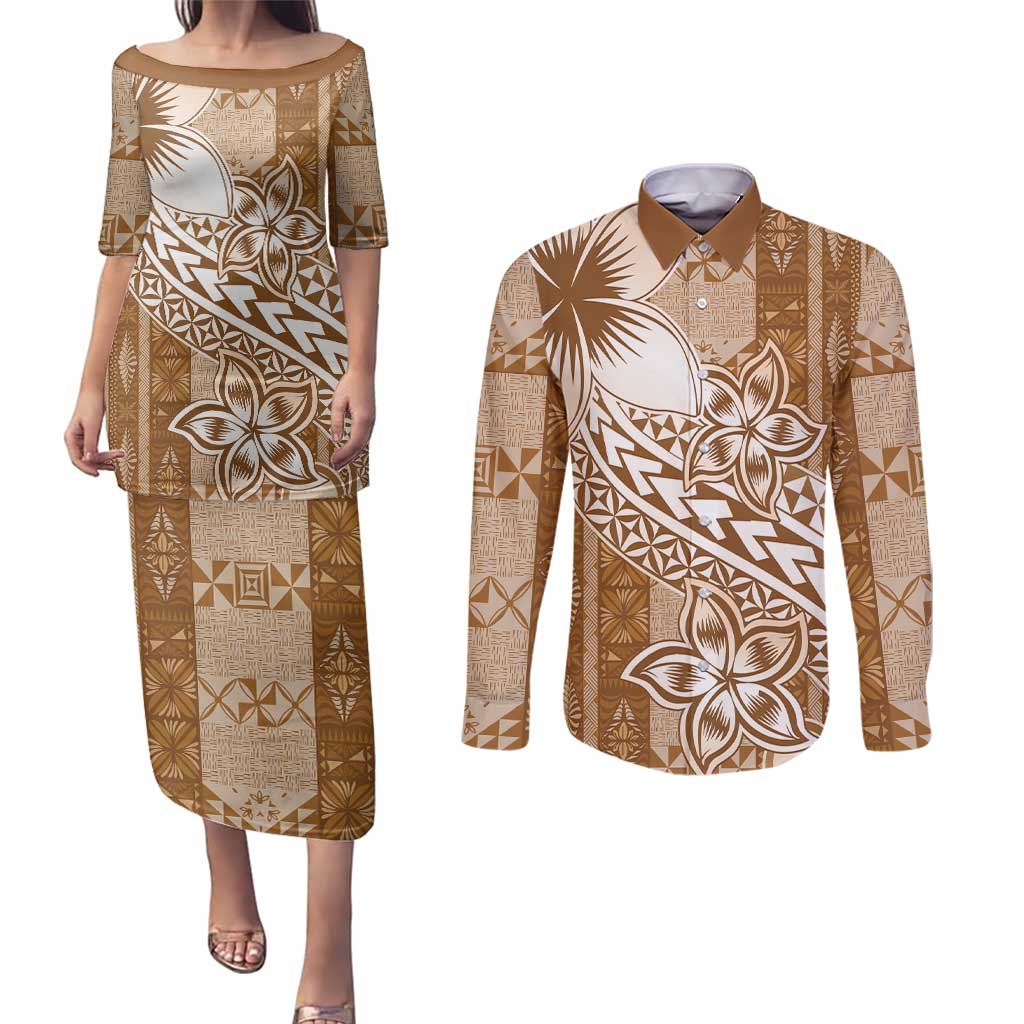 Tonga Kupesi Ngatu Couples Matching Puletasi and Long Sleeve Button Shirt Vintage Brown Plumeria