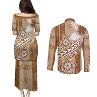 Tonga Kupesi Ngatu Couples Matching Puletasi and Long Sleeve Button Shirt Vintage Brown Plumeria