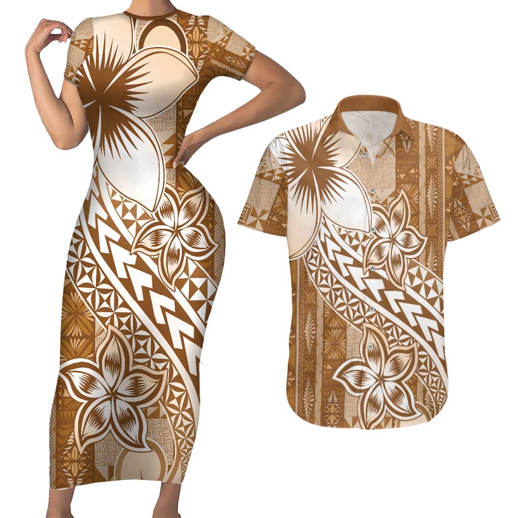Tonga Kupesi Ngatu Couples Matching Short Sleeve Bodycon Dress and Hawaiian Shirt Vintage Brown Plumeria