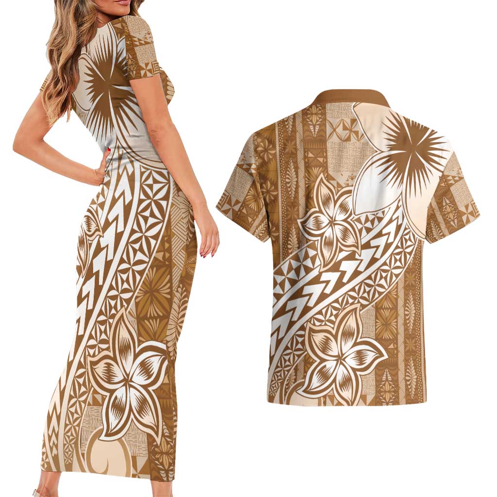 Tonga Kupesi Ngatu Couples Matching Short Sleeve Bodycon Dress and Hawaiian Shirt Vintage Brown Plumeria