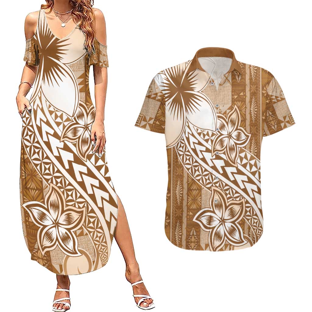 Tonga Kupesi Ngatu Couples Matching Summer Maxi Dress and Hawaiian Shirt Vintage Brown Plumeria