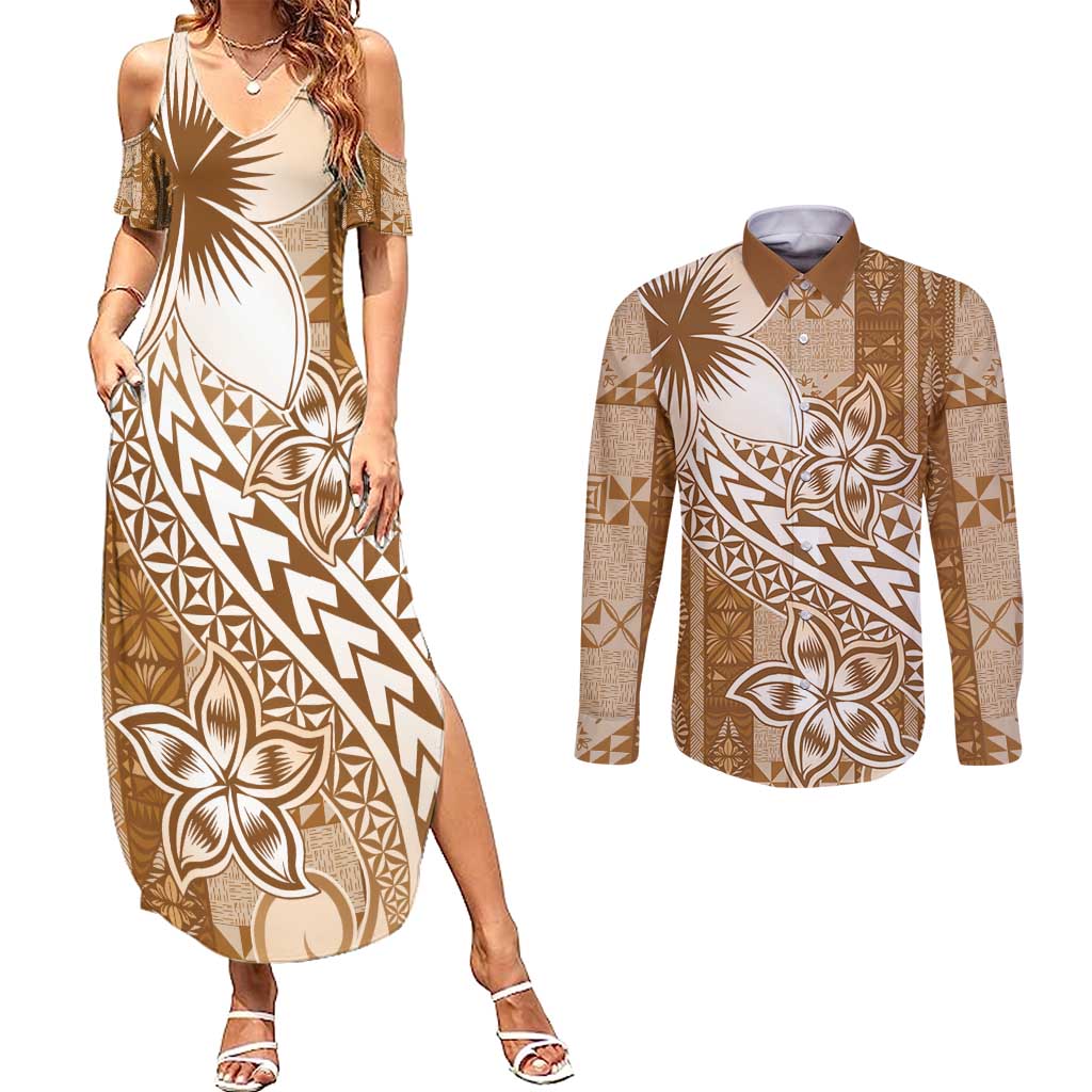 Tonga Kupesi Ngatu Couples Matching Summer Maxi Dress and Long Sleeve Button Shirt Vintage Brown Plumeria