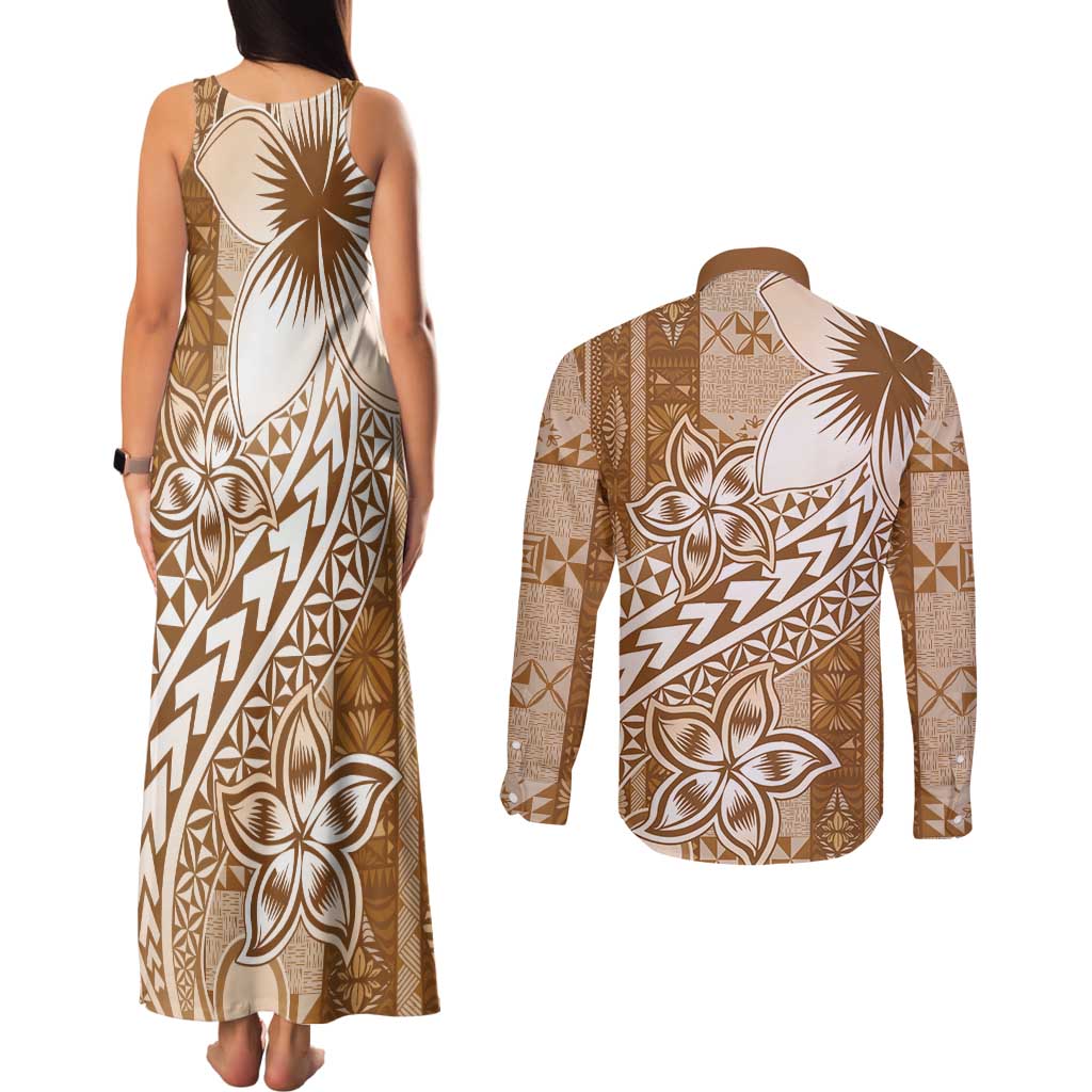 Tonga Kupesi Ngatu Couples Matching Tank Maxi Dress and Long Sleeve Button Shirt Vintage Brown Plumeria