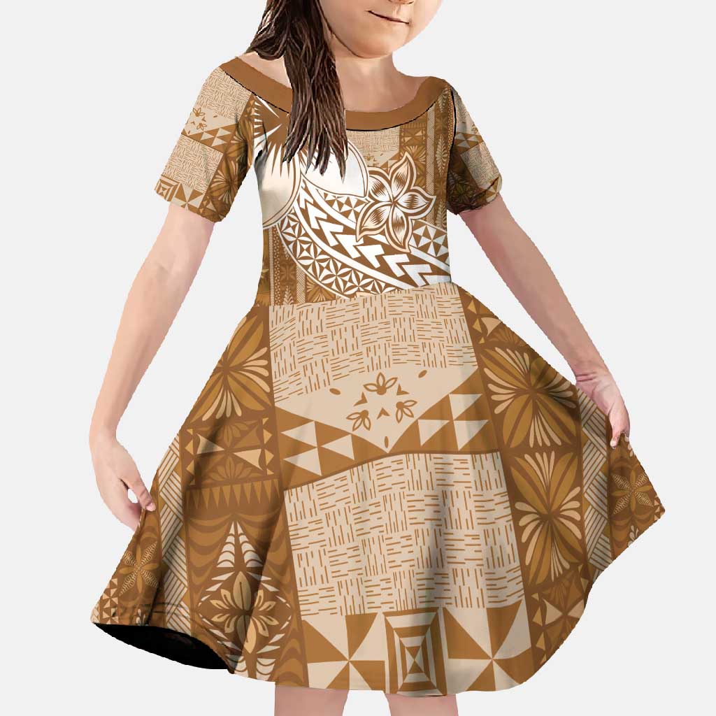 Tonga Kupesi Ngatu Family Matching Long Sleeve Bodycon Dress and Hawaiian Shirt Vintage Brown Plumeria