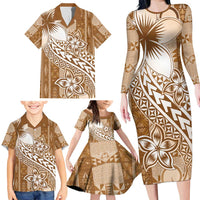 Tonga Kupesi Ngatu Family Matching Long Sleeve Bodycon Dress and Hawaiian Shirt Vintage Brown Plumeria