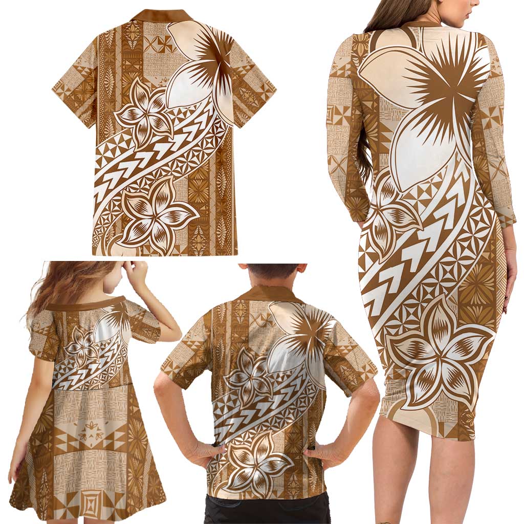 Tonga Kupesi Ngatu Family Matching Long Sleeve Bodycon Dress and Hawaiian Shirt Vintage Brown Plumeria