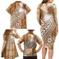 Tonga Kupesi Ngatu Family Matching Long Sleeve Bodycon Dress and Hawaiian Shirt Vintage Brown Plumeria